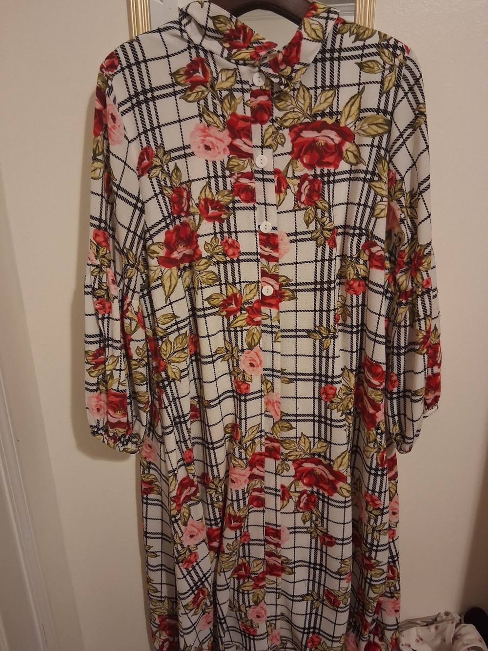 Button-Front Maxi Dress with Red Floral on Cream Plaid